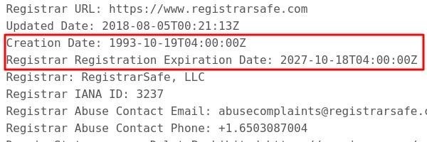 Дата регистрации доменного имени в системе whois