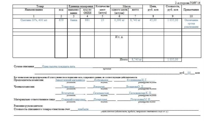 Документ о вычеркивании товаров согласно форме торг-16. Вторая часть.